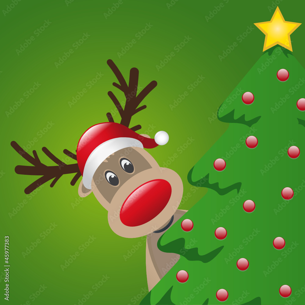 reindeer behind christmas tree