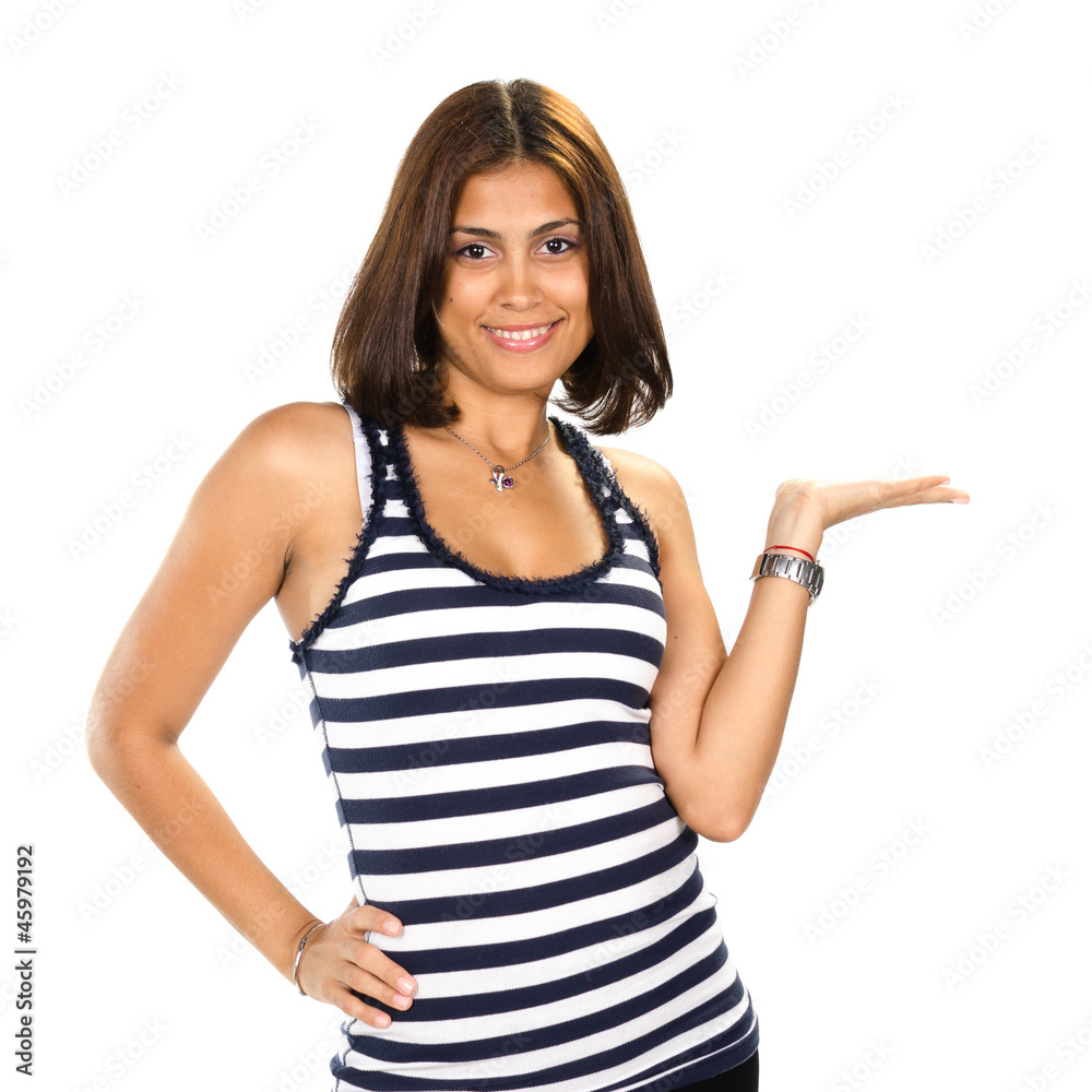 Portrait of young woman showing your product Portrait of young woman showing your product