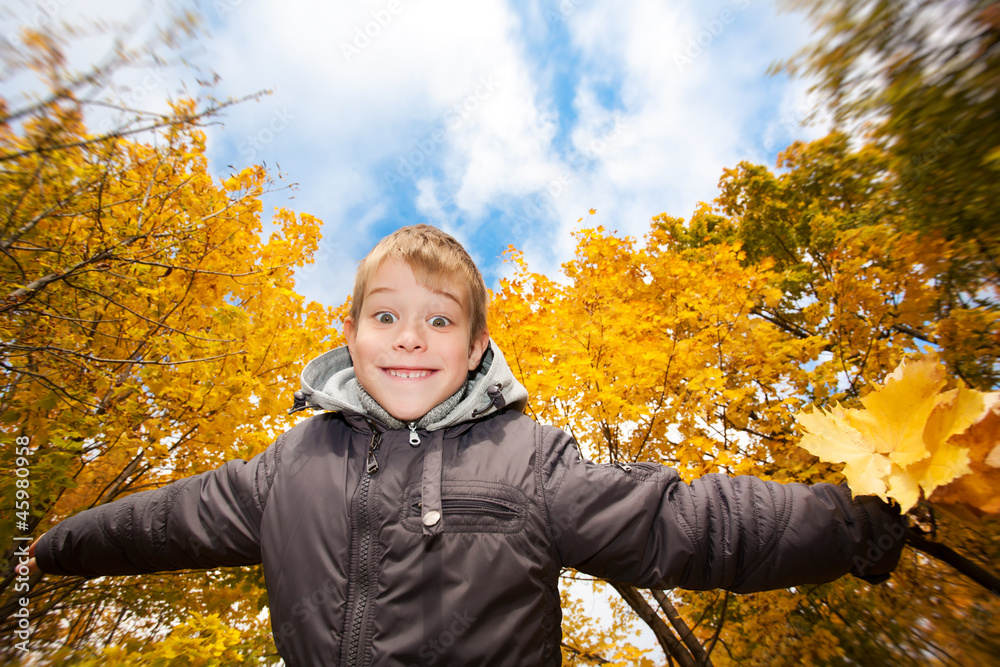 happy cheerful kid on a background of sky and autumn trees happy cheerful kid on a background of sky and autumn trees