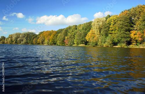 Jesienny las nad jeziorem