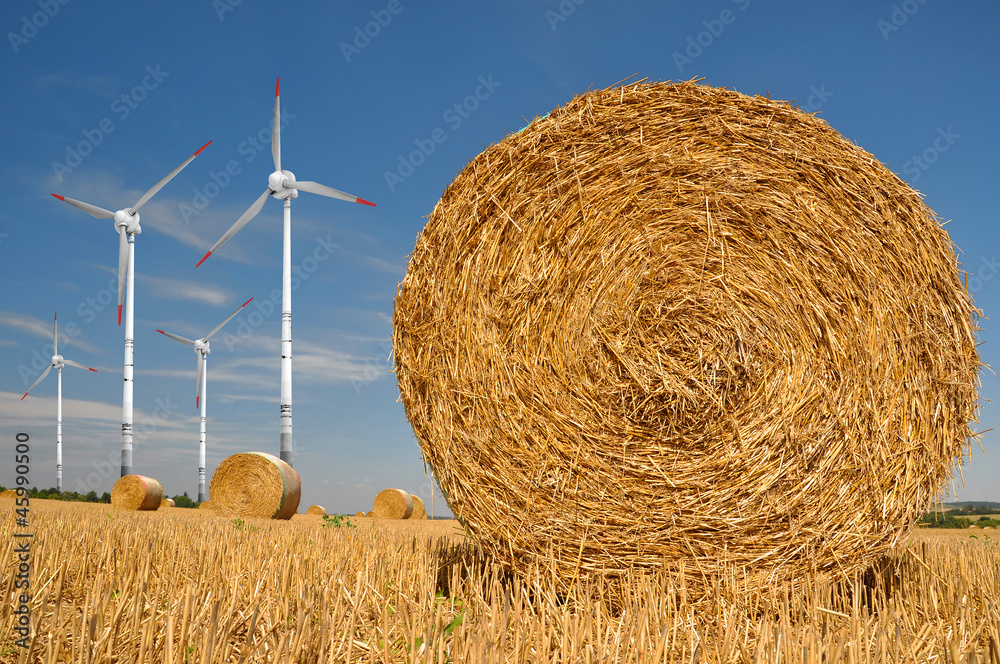 Straw bales on farmland with wind turbine on blue cloudy sky Straw bales on farmland with wind turbine on blue cloudy sky