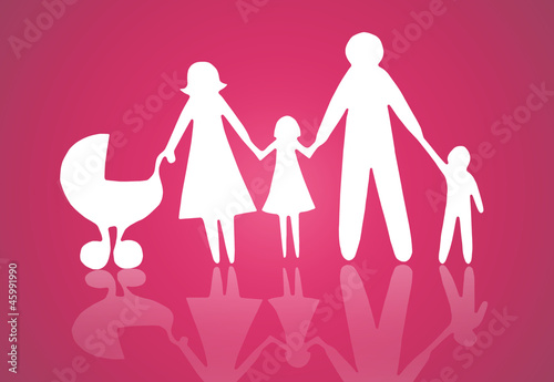 Closeup of paper family on pink background