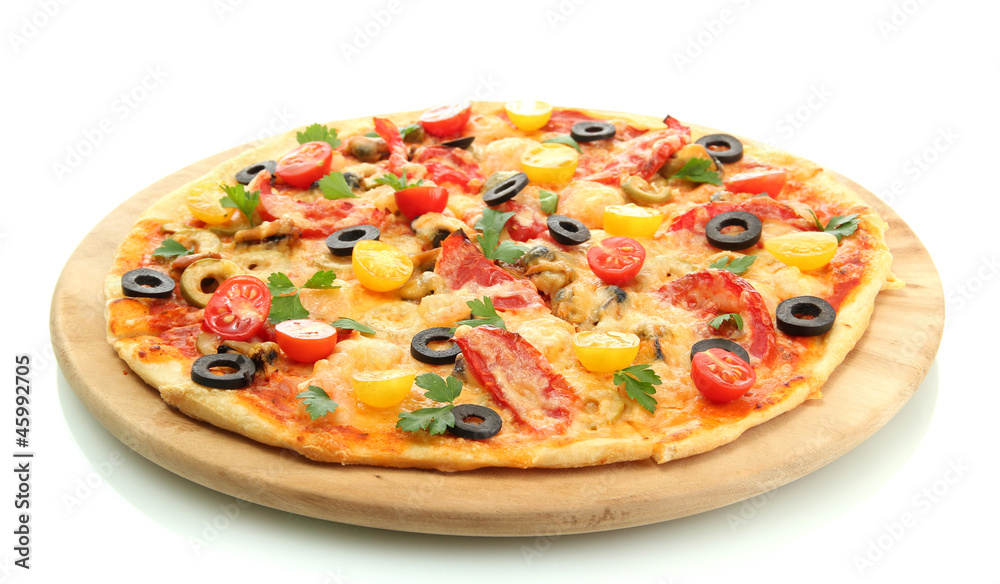 tasty pizza on the cutting board isolated on white