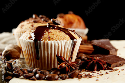 tasty muffin cakes with chocolate, spices and coffee seeds, #45992760