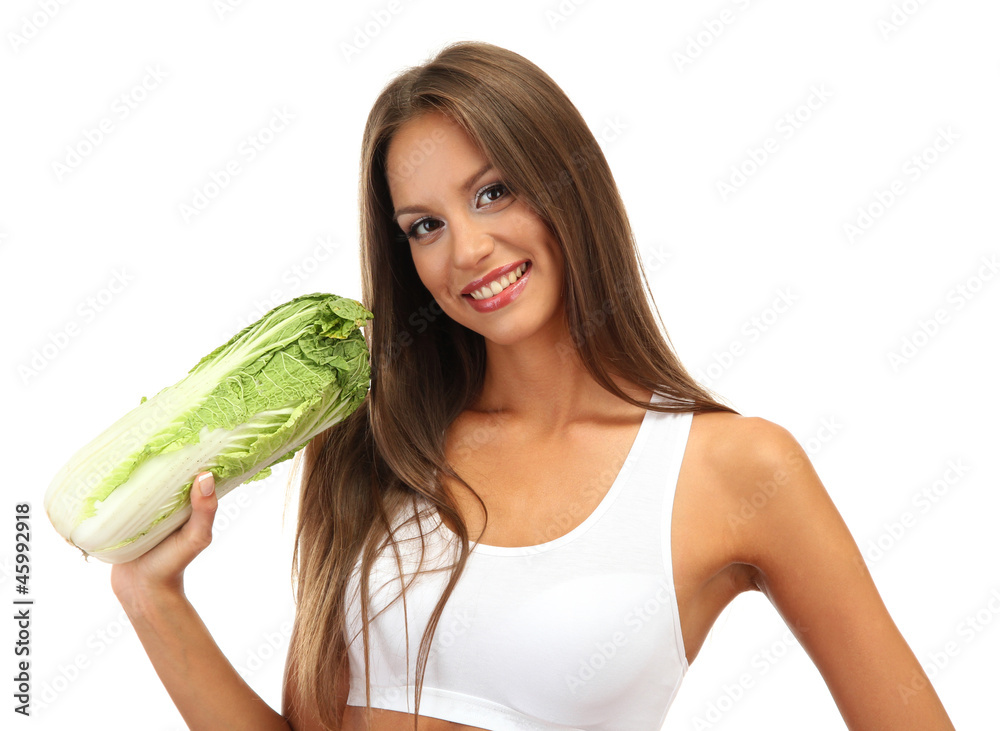 beautiful young woman with cabbage, isolated on white beautiful young woman with cabbage, isolated on white