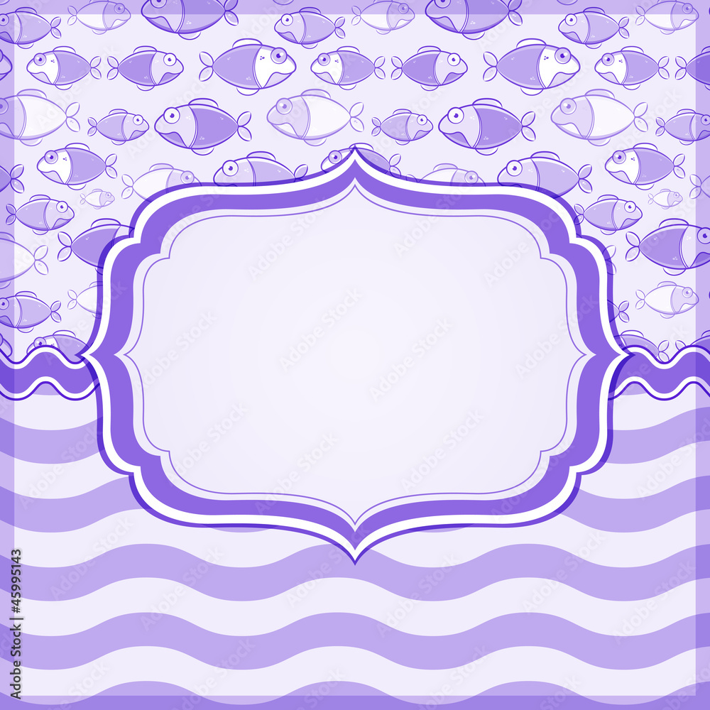 Violet Card with Fish and Wave Pattern on Background Violet Card with Fish and Wave Pattern on Background