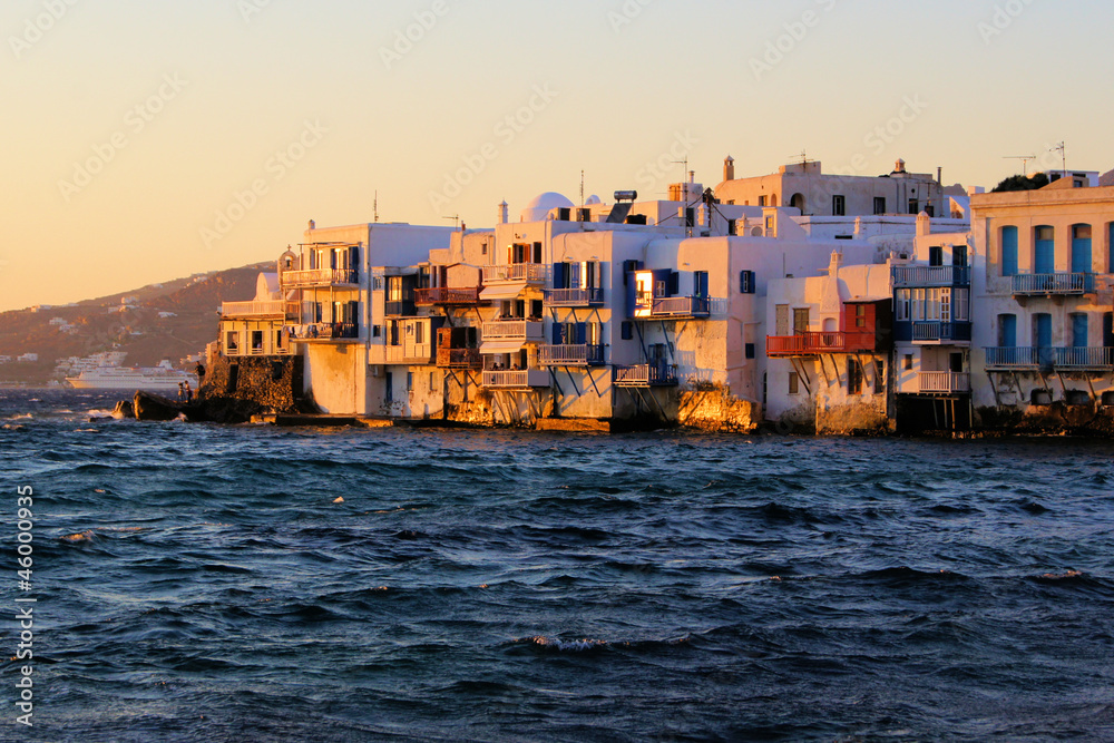 Sunset view of the Little Venice neighborhood of Mykonos, Greece