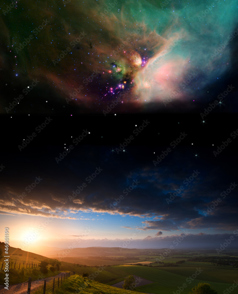 Countryside sunset landscape with planets in night sky Elements