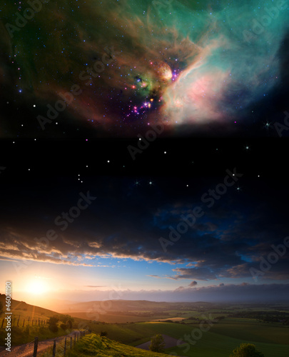 Countryside sunset landscape with planets in night sky Elements #46001190