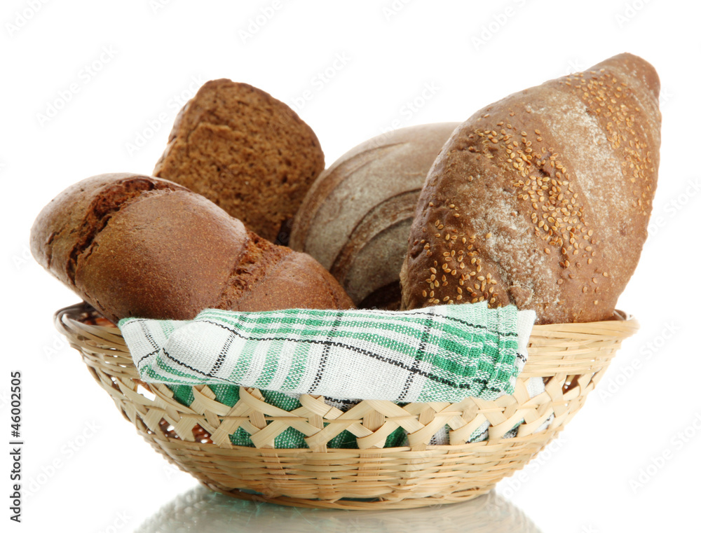 tasty rye breads in basket, isolated on white tasty rye breads in basket, isolated on white
