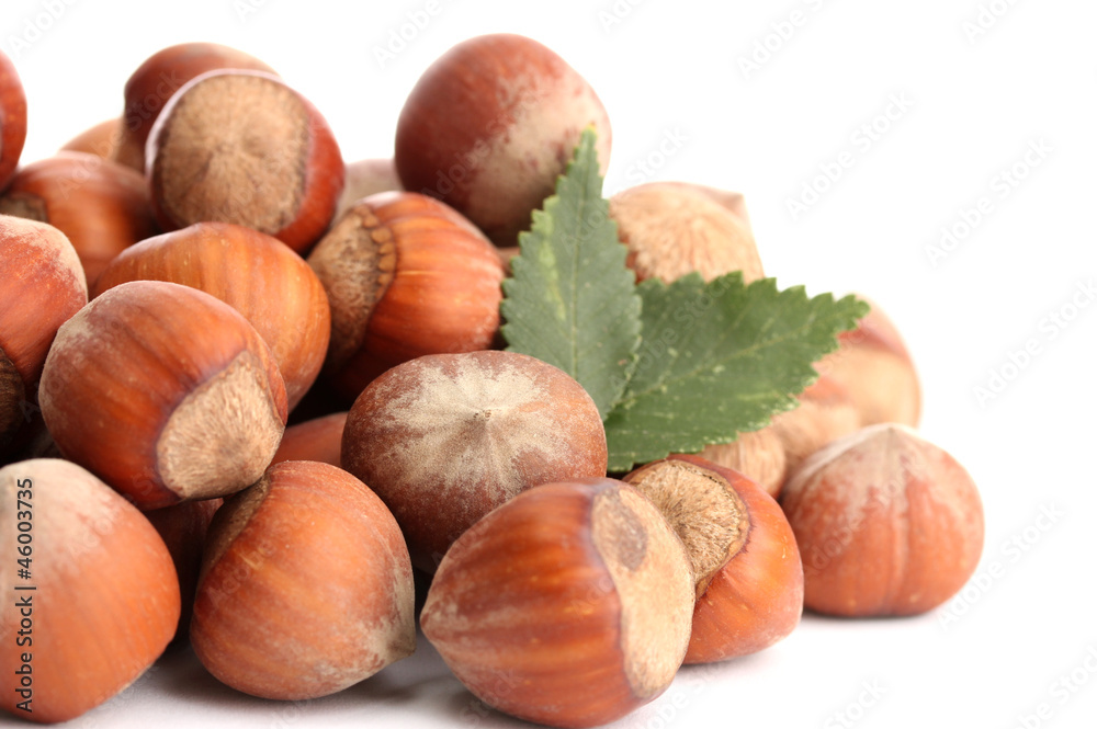 tasty hazelnuts with leaves, isolated on white tasty hazelnuts with leaves, isolated on white