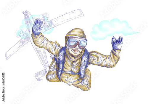 Skydiving  parachutist. Full-sized  original  hand drawing