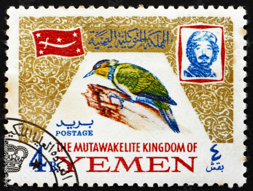 Postage stamp Yemen 1965 Dendrocopus Dorae, Bird photo