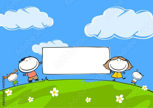 Child's drawing of the happy family with a banner