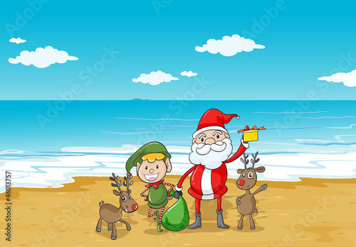 a  boy, a santa claus and a sea