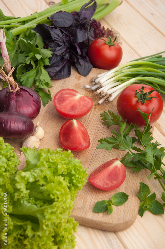 fresh tomato with chieves, onion and salad fresh tomato with chieves, onion and salad
