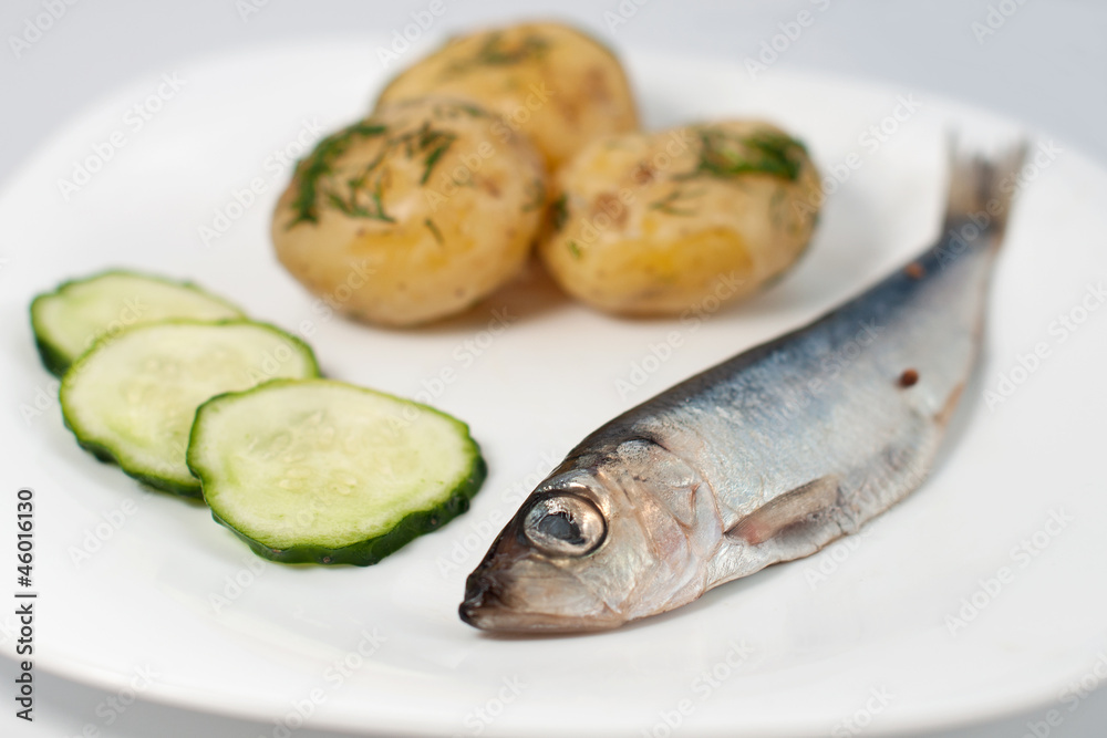 Pickled herring with new potatoes plus chopped cucumbers Pickled herring with new potatoes plus chopped cucumbers