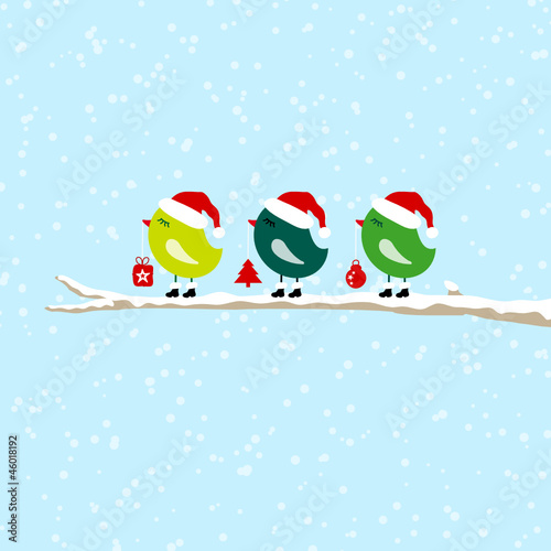 3 Birds On Tree Holding Christmas Symbols Blue