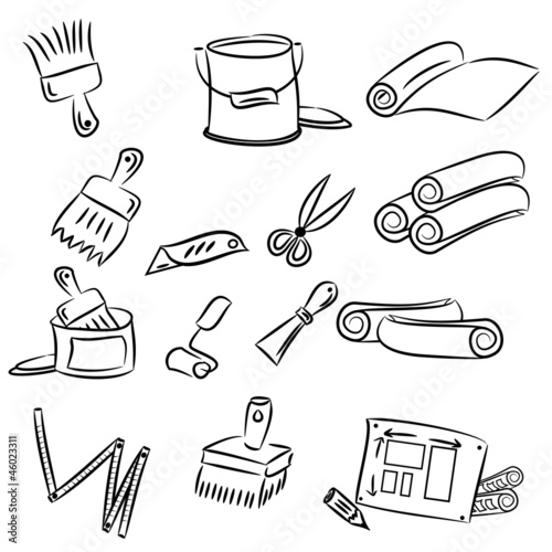 cartoon drawings of DIY tools for decorating and renovating