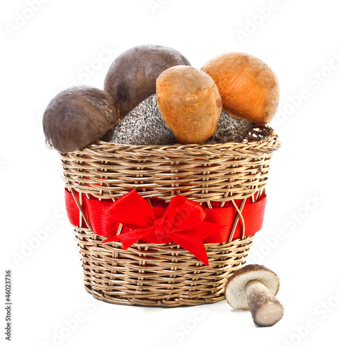 Fresh mushrooms in a basket isolated on white background