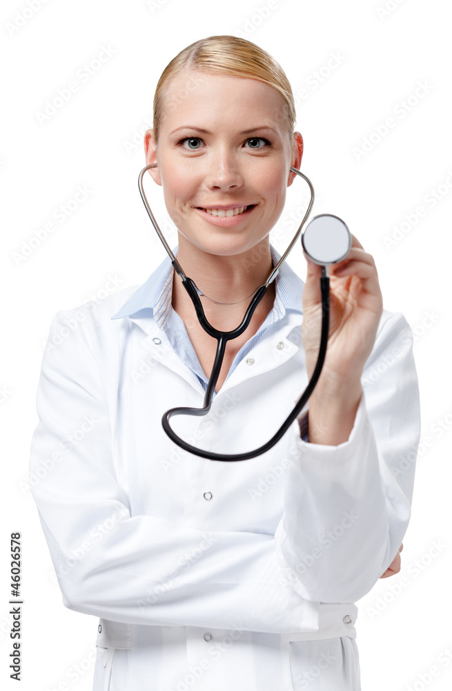 Lady doctor with stethoscope, isolated on white Lady doctor with stethoscope, isolated on white