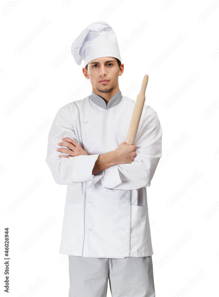Cook in uniform hands wooden rolling pin, isolated on white Cook in uniform hands wooden rolling pin, isolated on white