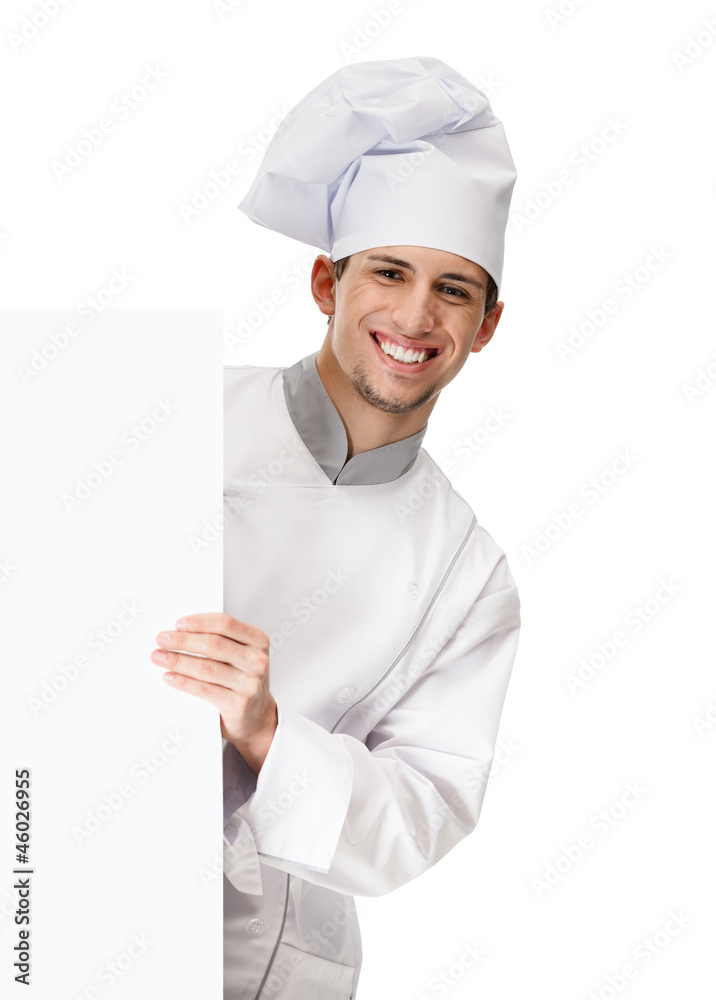 Looking out of the cardboard sheet chef cook in uniform Looking out of the cardboard sheet chef cook in uniform