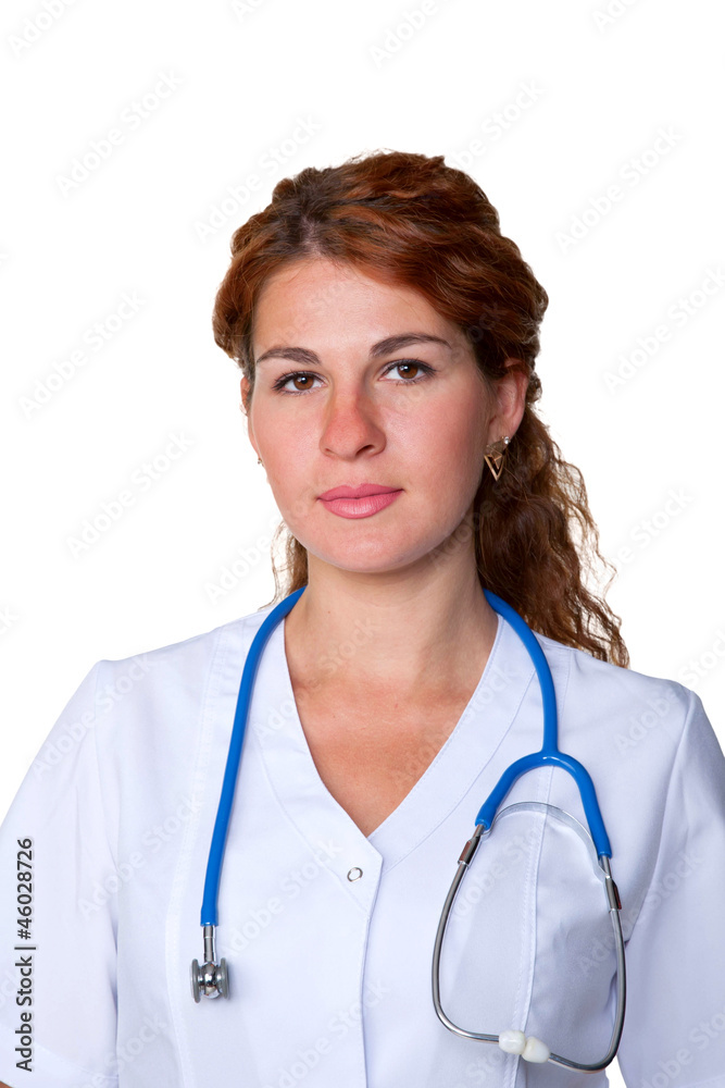 Beautiful young red-haired physician doctor Isolated on whit Beautiful young red-haired physician doctor Isolated on whit