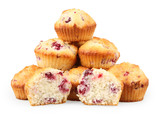 pile of raspberry muffins isolated on white