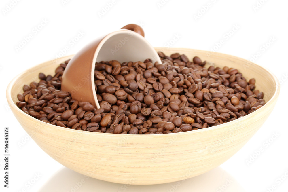 Coffee beans in bamboo bowl with cup isolated on white Coffee beans in bamboo bowl with cup isolated on white