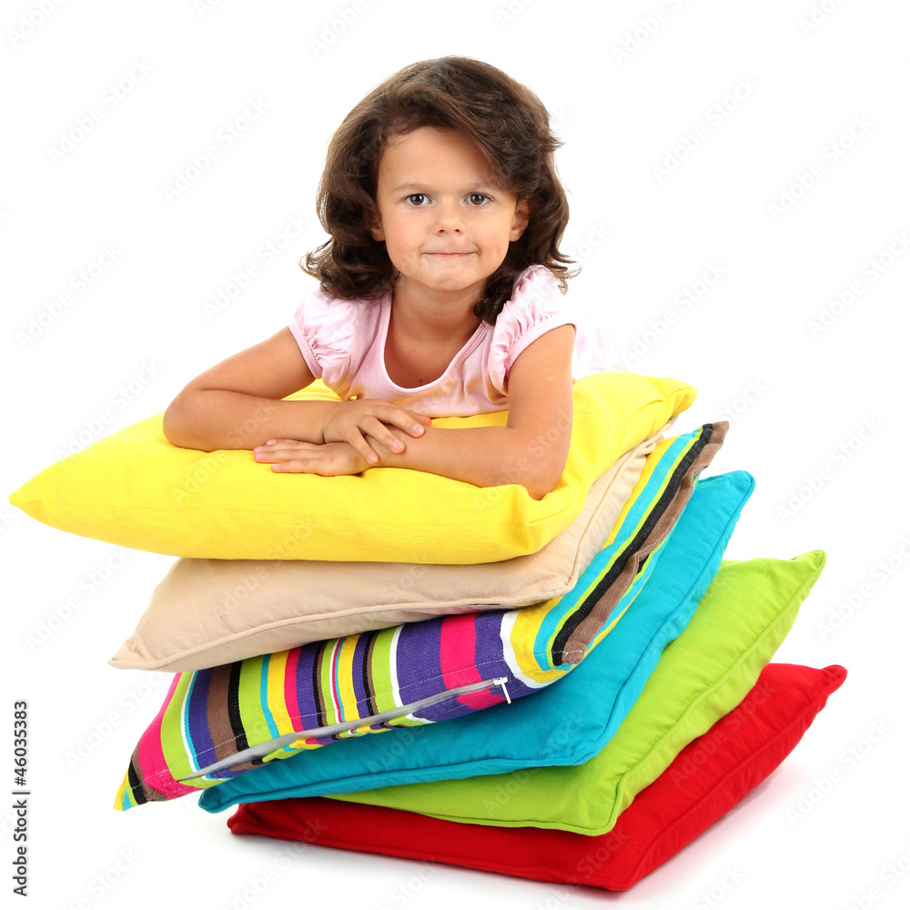 beautiful little girlwith pillows isolated on white beautiful little girlwith pillows isolated on white