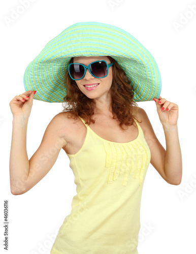 Smiling beautiful girl with beach hat and glasses isolated