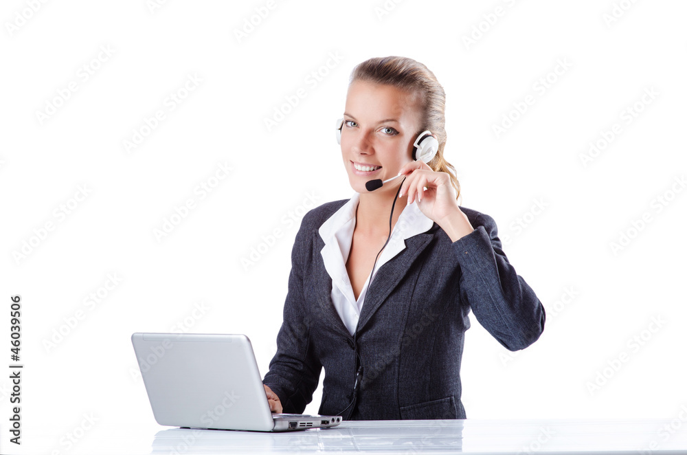 Female helpdesk operator on white Female helpdesk operator on white