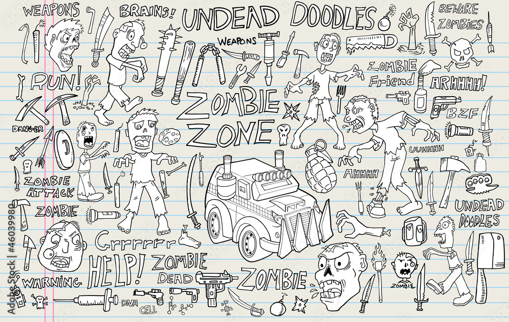 Zombie Undead Doodle Vector Illustration Set