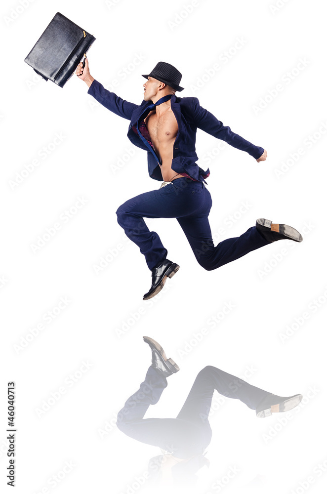 Naked businessman jumping on white