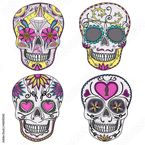 Naklejka na ścianę Zestaw meksykański czaszki. Kolorowe czaszki z ozdobnymi motywami kwiatów i serca