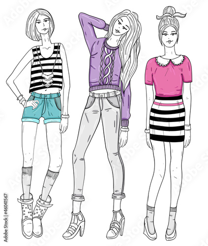 Young fashion girls illustration. Vector illustration. Backgroun