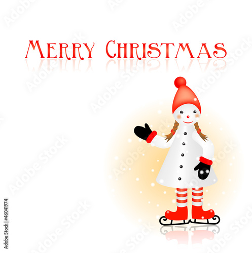 christmas greeting card with merry skating snowman