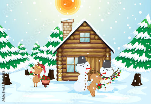 a house, snowmen and reindeers