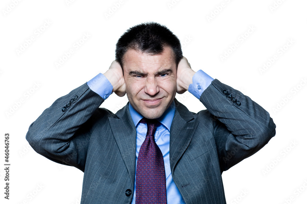 man hands covering ears annoyed by sound man hands covering ears annoyed by sound