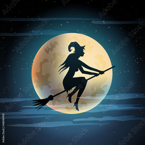 Illustration of witch on broom.