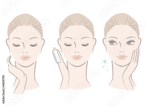 Fresh cute woman applying facial lotion on the face