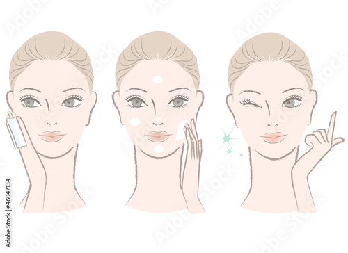 Beautiful woman applying skincare lotion, cream on the  face