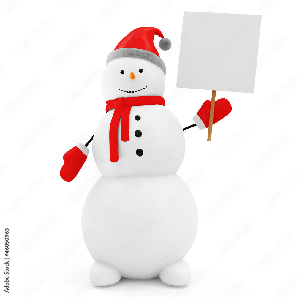 Snowman with Blank Board isolated on white background