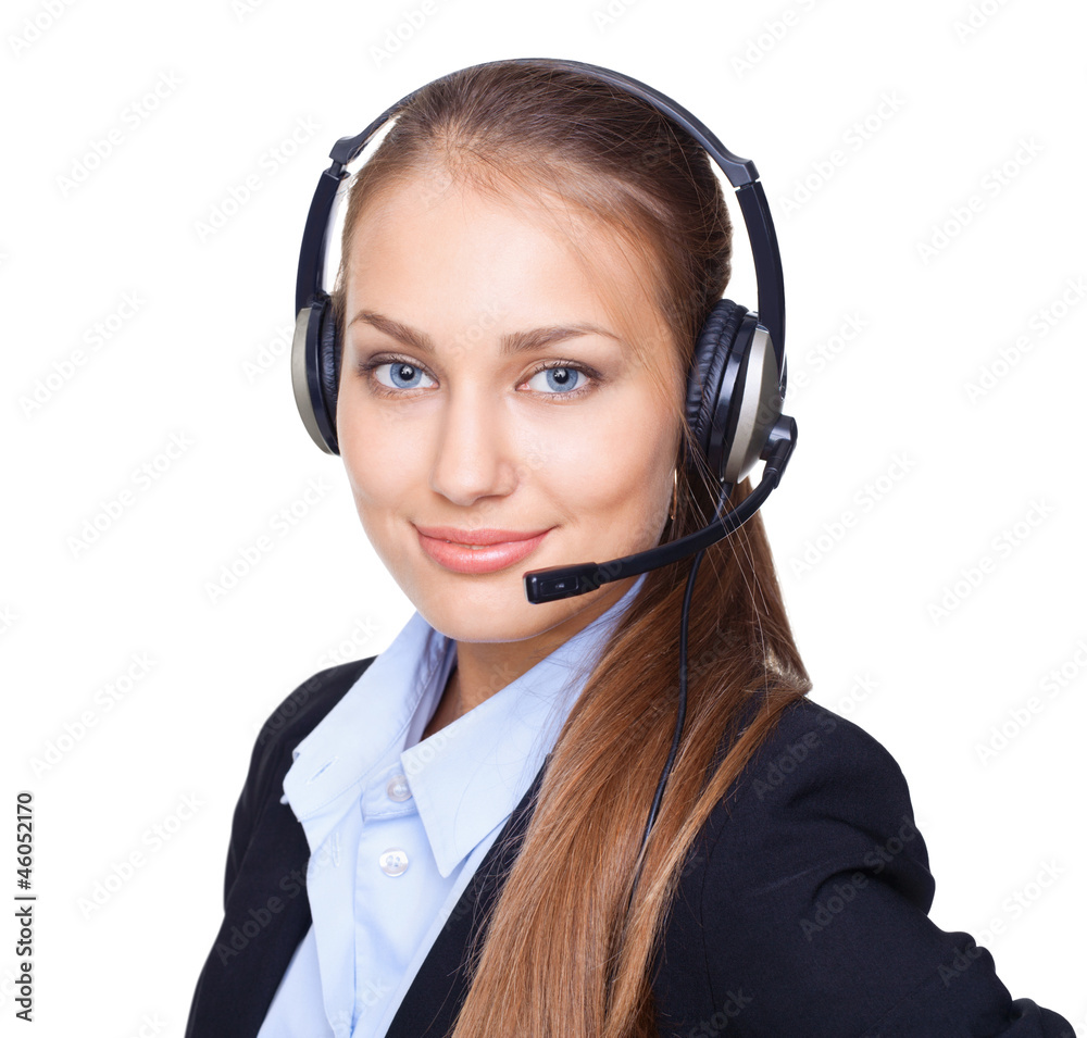 Closeup portrait of young female call centre employee Closeup portrait of young female call centre employee