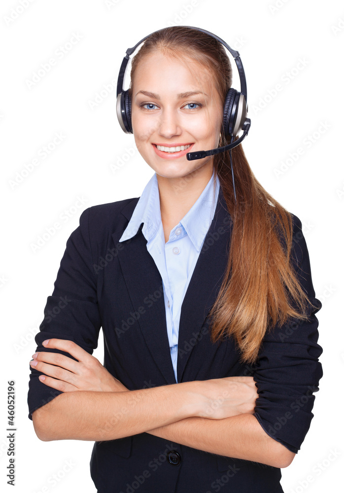 Portrait of young female call centre employee with a headset Portrait of young female call centre employee with a headset