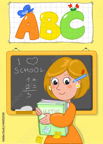 School teacher with books and black board.