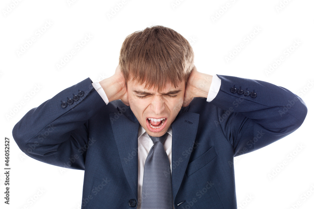 businessman holding hands on his ears isolated on white backgrou businessman holding hands on his ears isolated on white backgrou