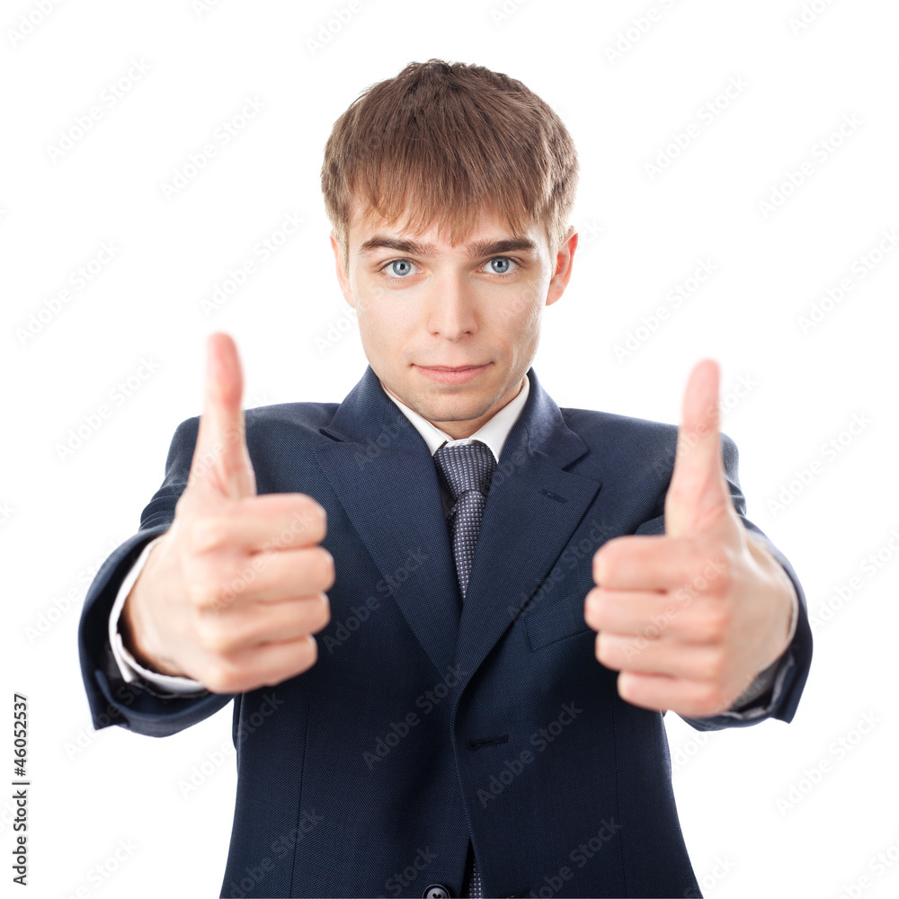 smiling young businessman hands make thumbs up isolated on white smiling young businessman hands make thumbs up isolated on white