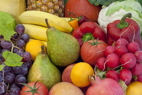 Fruits and vegetables colorful mixed assortment closeup